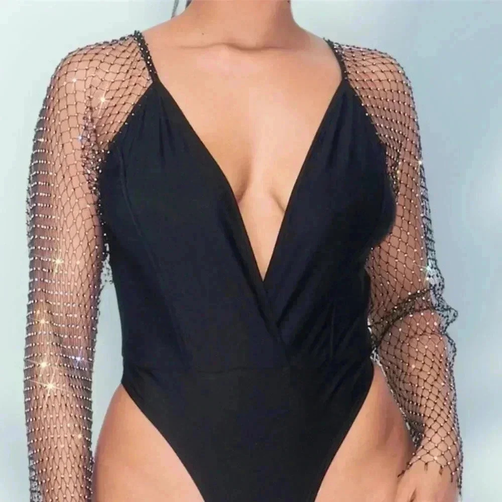 Envme Luna Black Bodysuit With Rhinestone Sleeves Size S